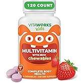 VitaWorks Kids Multivitamin with Iron & Minerals Chewable Tablets - Mixed Fruit Flavor - Vegetarian, GMO-Free, Nut Free - Dietary Supplement - Digestive Support for Children - 120 Chewables",