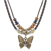 Quivox Layering Chunky Butterfly Pendant Necklace,Boho Adjustable Wooden Beads Statement Choker,Charming Ethnic Butterfly Pendant Leather Rope Necklace