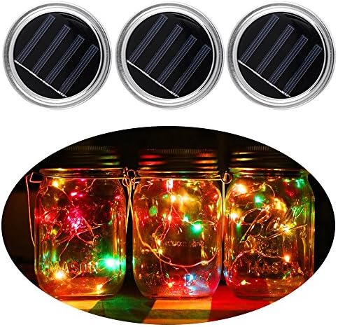 Mason Jar Lights 3 Pack Solar Mason Jar Decor Lid Insert LED String Fairy Lights for Garden Deck Patio Party Wedding Christmas Decorative Lighting (Jars Not Included) Multicolor