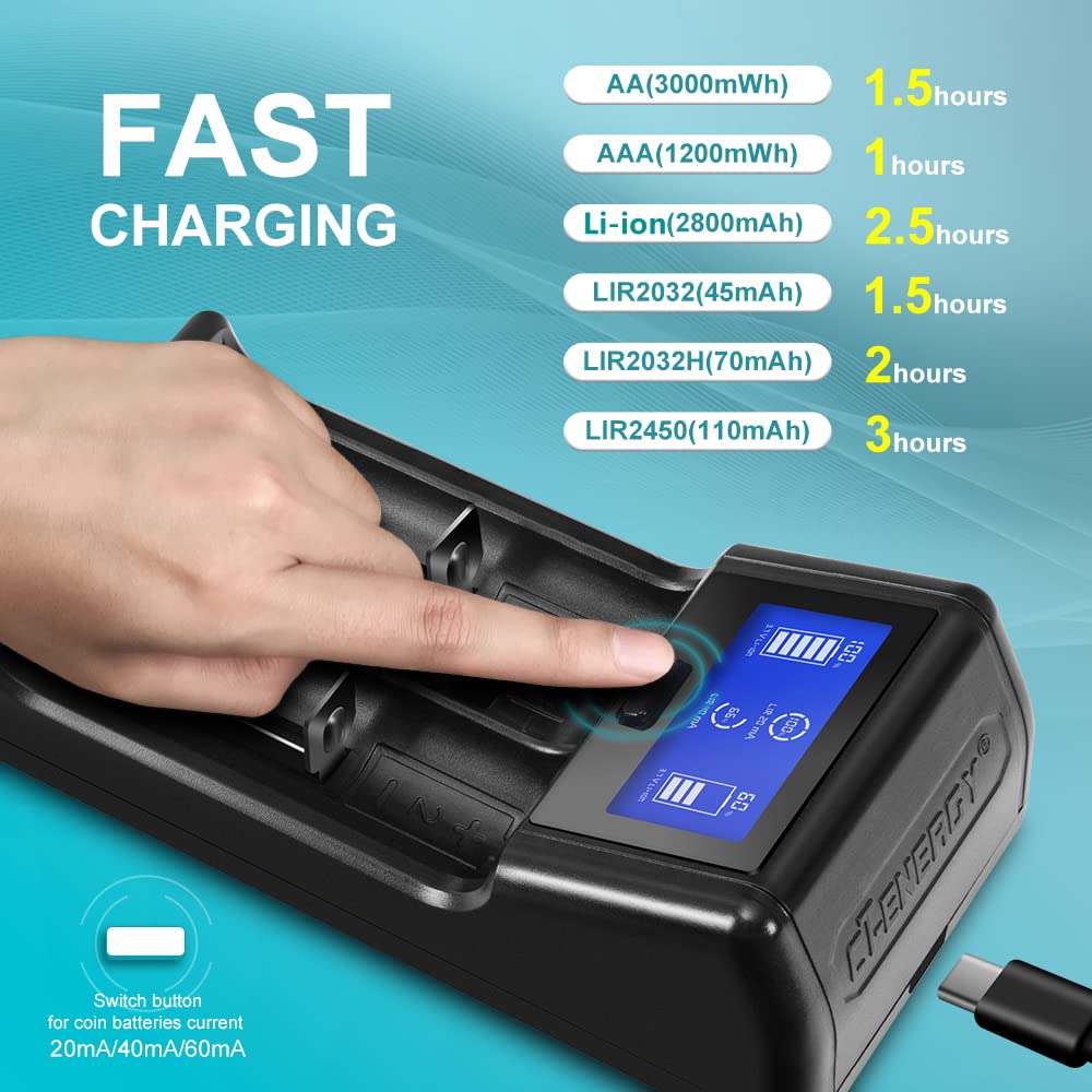 Universal Battery Charger Smart Charging All Types of Lithium Ion Batteries Flashlight Battery 18500 18350 16650 17500 10440 AA AAA C /1.5V/1.2V Coin Cell (Batteries Not Included)