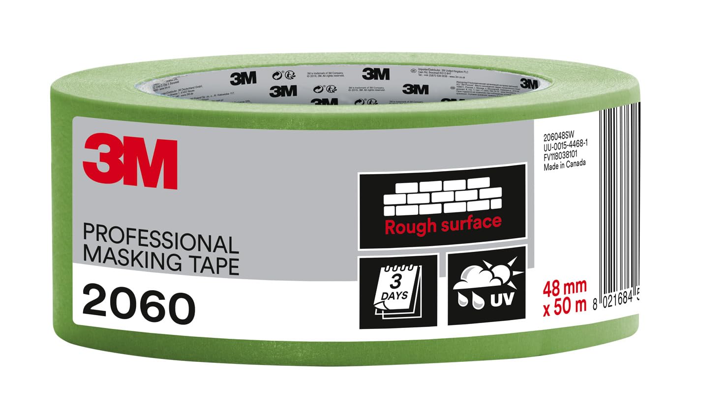 3M Professional Masking Tape 2060, Rough Surfaces, Green - 1 Roll 48 mm x 50 m - Painting Tape for Indoor and Outdoor Use, Protects Surfaces and Removes Easily