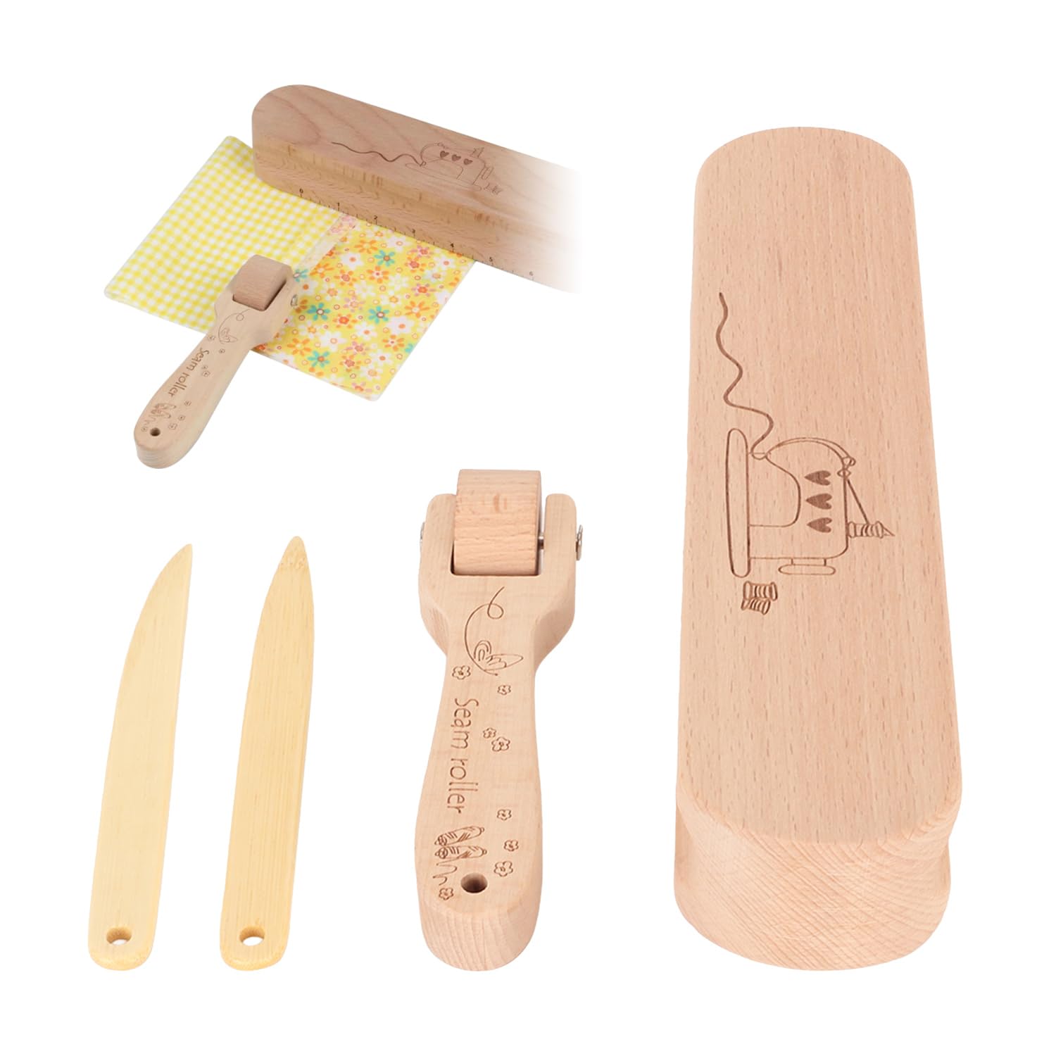Tissting Tailors Clapper Set Wooden Quilters Pressing Seam Flattening with Seam Roller, Point Turner Sewing Tool, Tailors Ham for Sewing Quilting Ironing