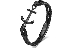 BIYONGDE Mens Nautical Anchor Bracelet, Black Braided Leather with Silver Stainless Steel Anchor Sailor Bracelet for Men, Classic and Elegant Style