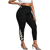WDIRARA Women's Plus Size Embroidered Leggings High Waisted Split Hem Skinny Cropped Pants