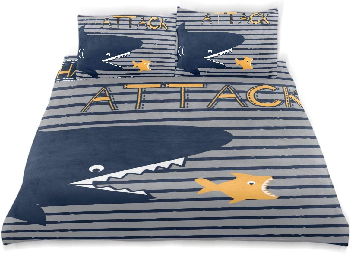 LONSANT Shark Cartoon Attack Duvet Cover Set Design Bedding Decoration King 3 PC Sets 1 Duvets Covers with 2 Pillowcase Microfiber Bedding Set Bedroom Decor Accessories