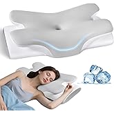 Tujami Cervical Neck Pillow for Neck Shoulder Pain Relief, Soft Contour Side Sleeper Pillow of 2 Heights, Odorless Q-max Cooling Memory Foam Orthopedic Bed Pillow for Back Stomach Sleeper