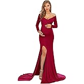 ZIUMUDY Elegant Fitted Maternity Gown Side Split Off Shoulder Long Sleeve Maxi Photography Dress Baby Shower