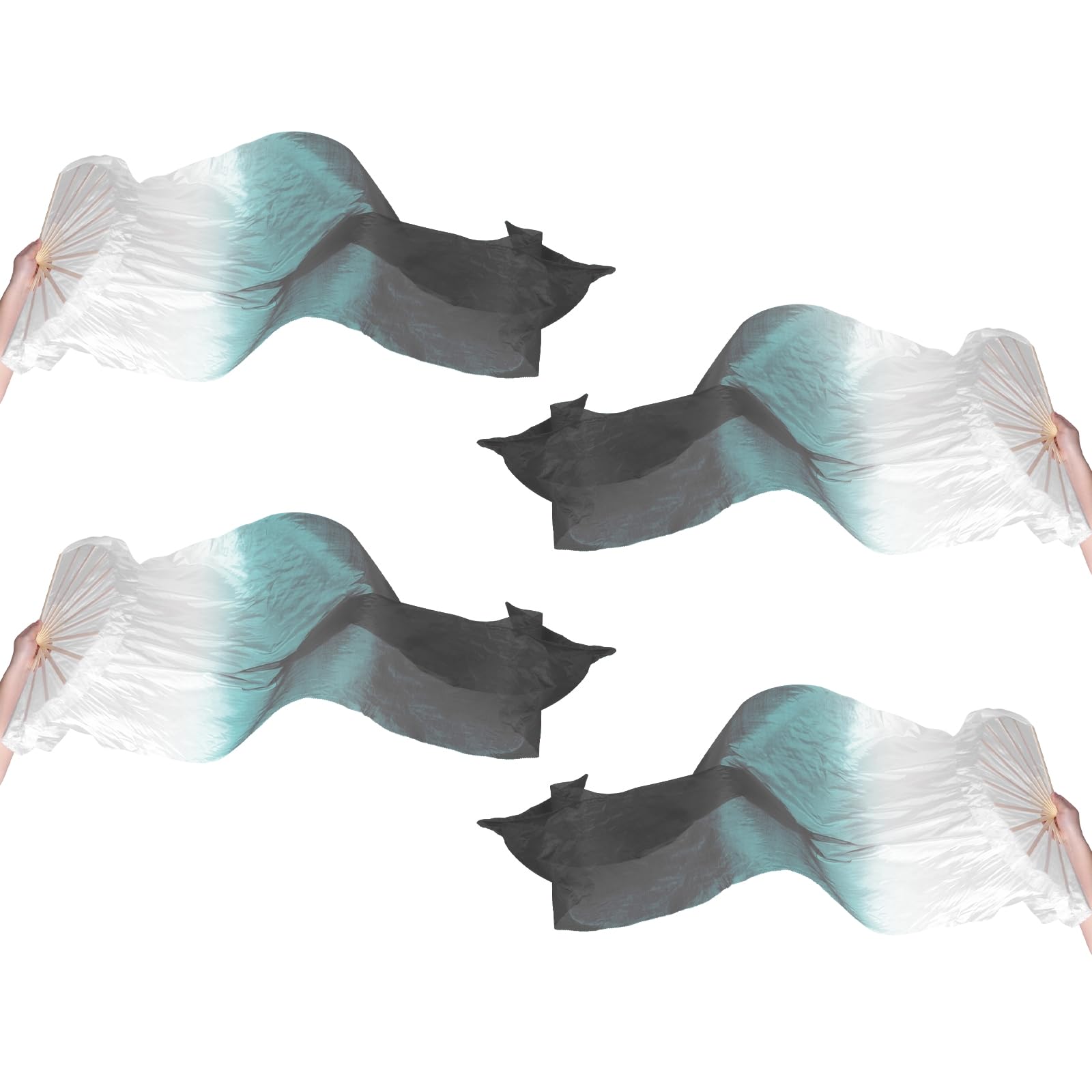 PATIKIL Belly Dance Silk Fan Veil 71", 2 Pair (Left+Right) Women Long Folding Dance Fan Wood Fan for Dance Performance, White Gray Black