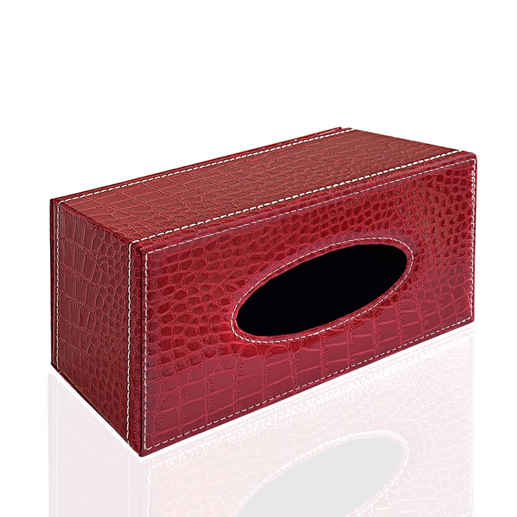 Stylish PU Leather Tissue Box Holder, Modern Rectangular Napkin Holder Pumping Paperchase Dispenser (Red Crocodile Pattern)