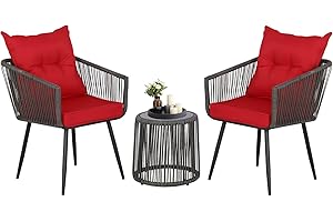 BPTD 3 Piece Outdoor Bistro Set Patio Set Balcony Furniture Outdoor Furniture Rattan Chair Conversation Sets with Side Table for Porch, Backyard, Balcony (DGRY-Red)