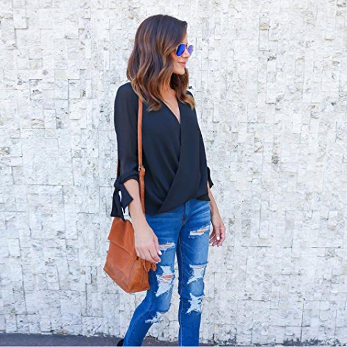 YANG-YI Women V Neck Chiffon Long Sleeve Tops T-Shirt Ladies Casual Blouses (M, Black)