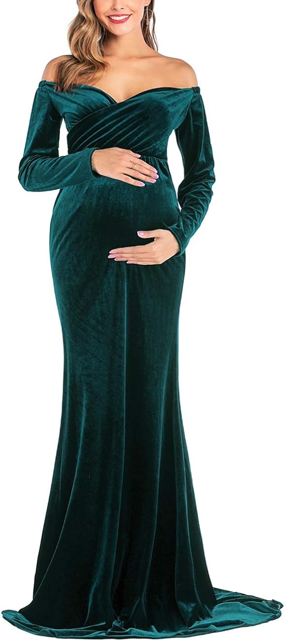 JustVH Velvet Maternity Off Shoulder Half Circle Fitted Gown Maxi Photography Dress for Baby Shower Photo Props Dress at  Women’s Clothing store