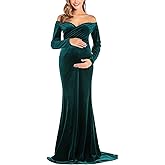 JustVH Velvet Maternity Off Shoulder Half Circle Fitted Gown Maxi Photography Dress for Baby Shower Photo Props Dress