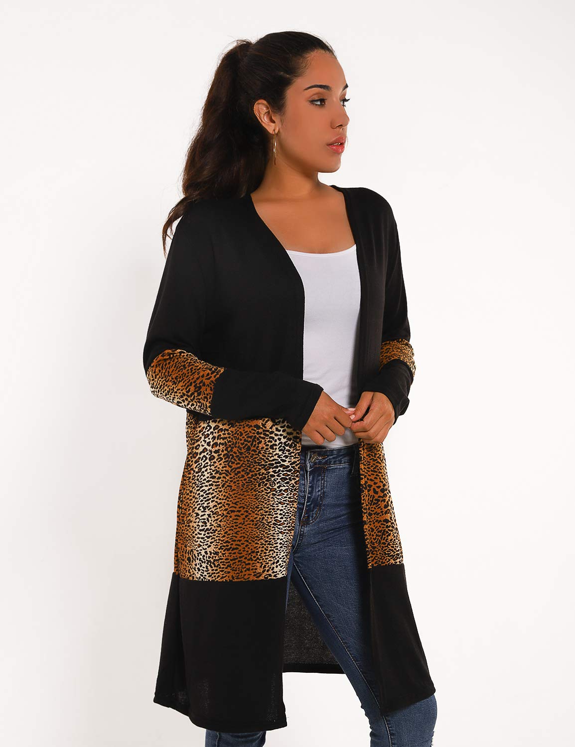 Blooming Jelly Womens Lightweight Open Front Cardigan Knit Long Sweater Leopard Pockets Knitwear (Medium, Black)