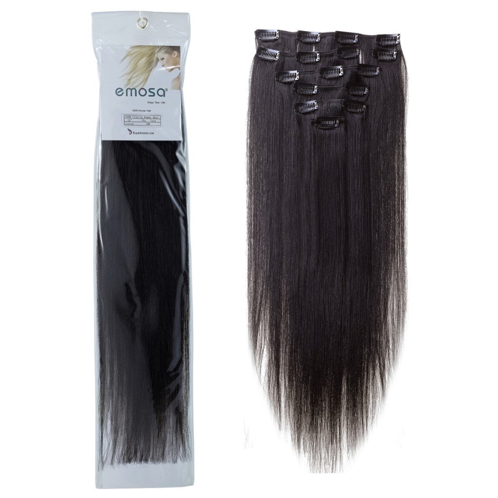 Emosa 100% Real Human Hair Clips in Hair Extensions Full Head #1 Jet Black #1B Natural Black (20inch, Natural Black)
