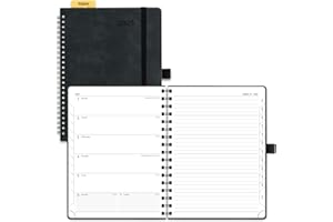 POPRUN 2025 Planner Weekly Notebook [Medium Size 8.5''x 6.5''] - Agenda 2025 Appointment Book with Monthly Tabs, Spiral Soft Cover Calendar, Inner Pocket, 100 GSM - Black