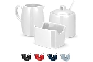 KooK Sugar and Creamer Set, 3 Piece, Pitcher, Sugar Bowl with Lid and Spoon, Sweetener Holder (White)