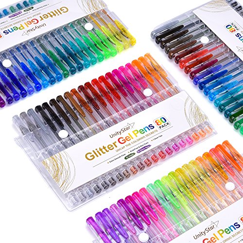 UnityStar 80 Unique Colors Glitter Gel Pen Set Coloring Pens for Kids Adult Coloring Books, Drawing, Doodling, Greeting Cards, Letters