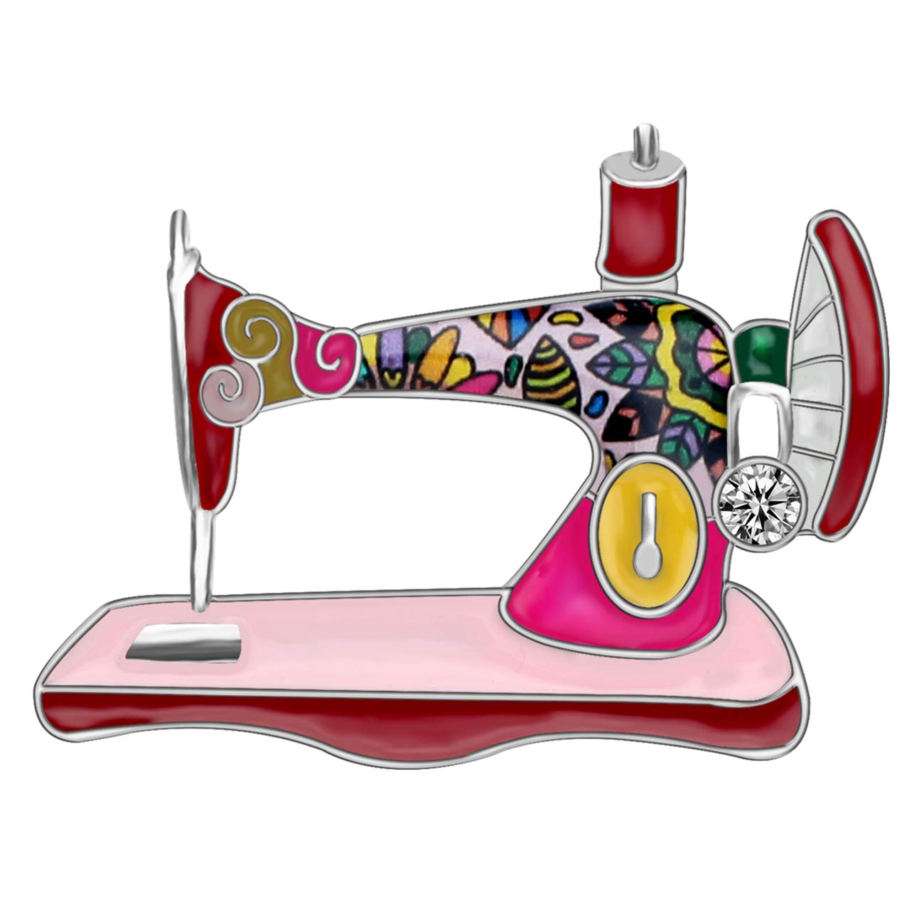 Bonsny Enamel Alloy Rhinestone Sewing Machine Brooches Pin Jewelry For Women Girls Novelty Gift Charms (Red)