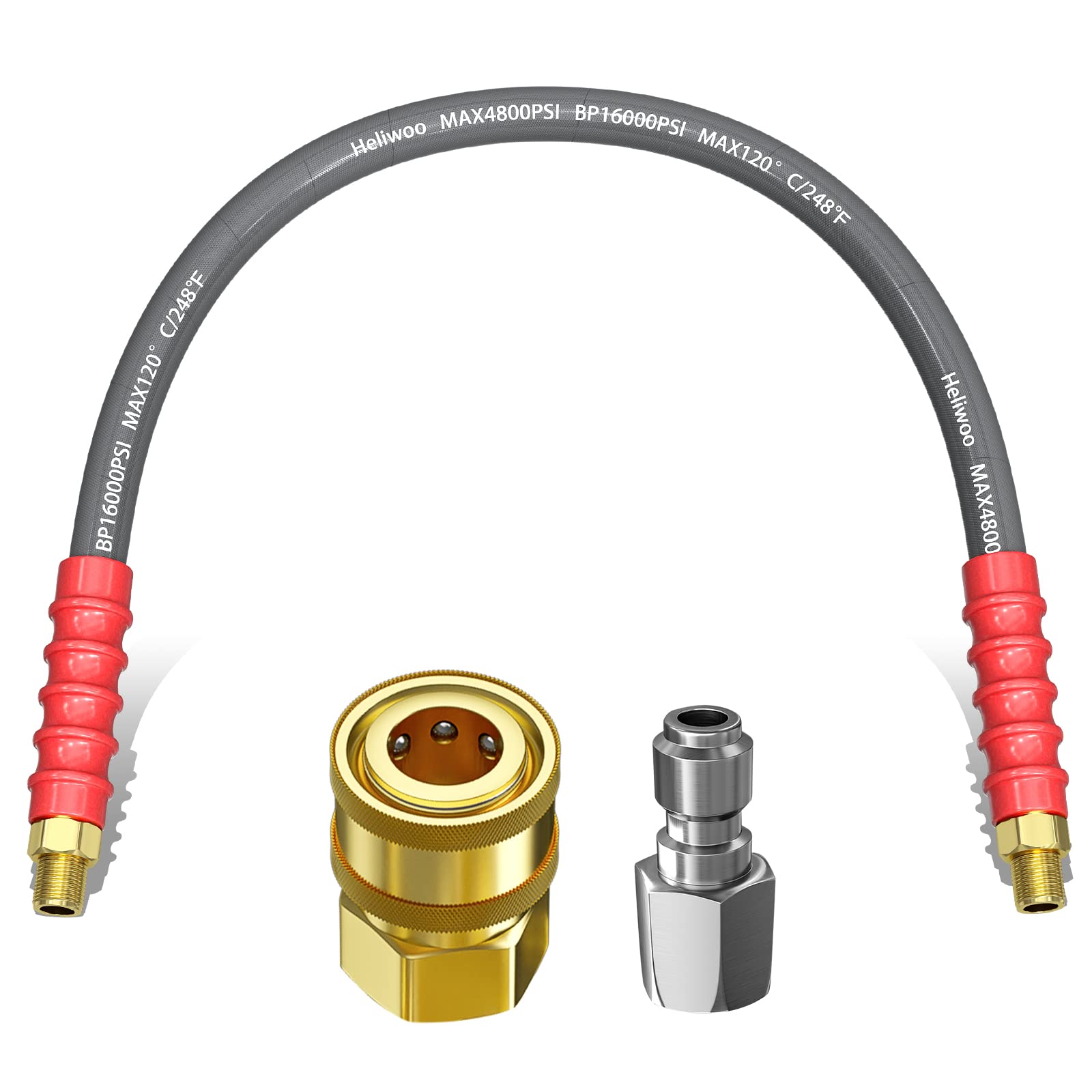 Photo 1 of Heliwoo Pressure Washer Whip Hose 2FT, 3/8'' Hose Reel Connector for Power Washer, 248°F Hot Water Jumper with 3/8'' Quick Connect Adapter Set, Steel-Braided-4800 PSI
