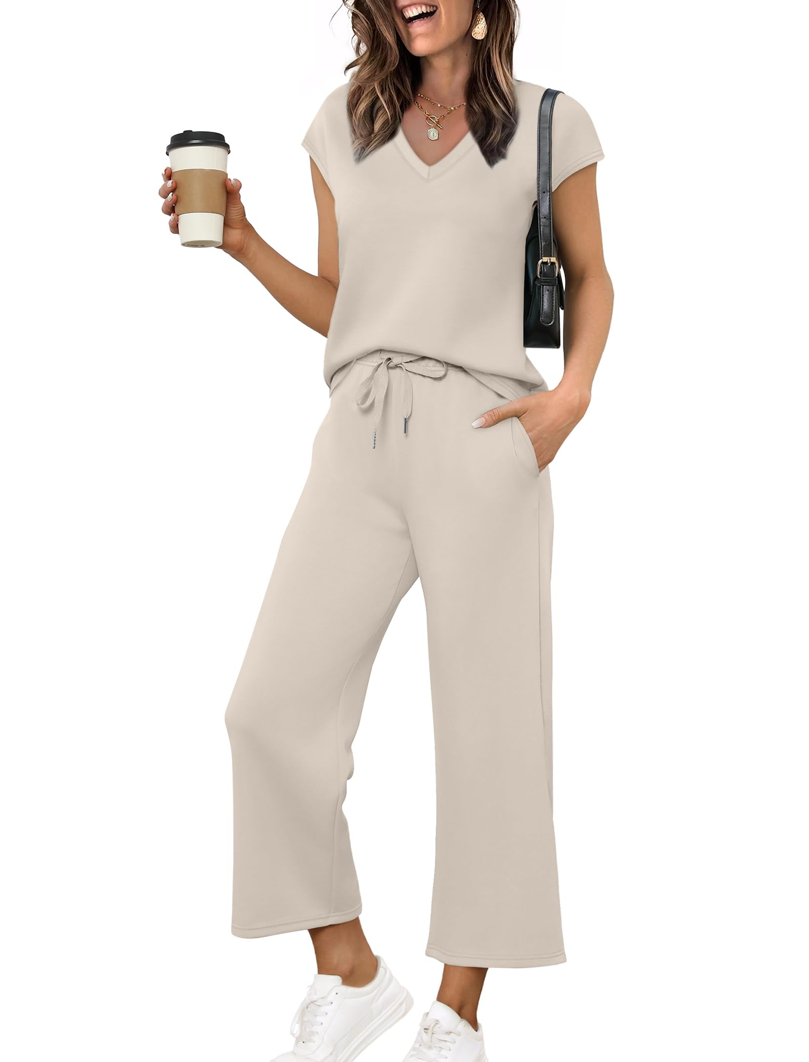 Photo 1 of (XL) (BAGGED) Saloogoe Workout Sets for Women 2 Piece Set Summer Travel Vacation Outfits Cozy Wide Leg Pants Comfy Business Casual Work Clothes V Neck T Shirts Airport Jogger Set Beige XL