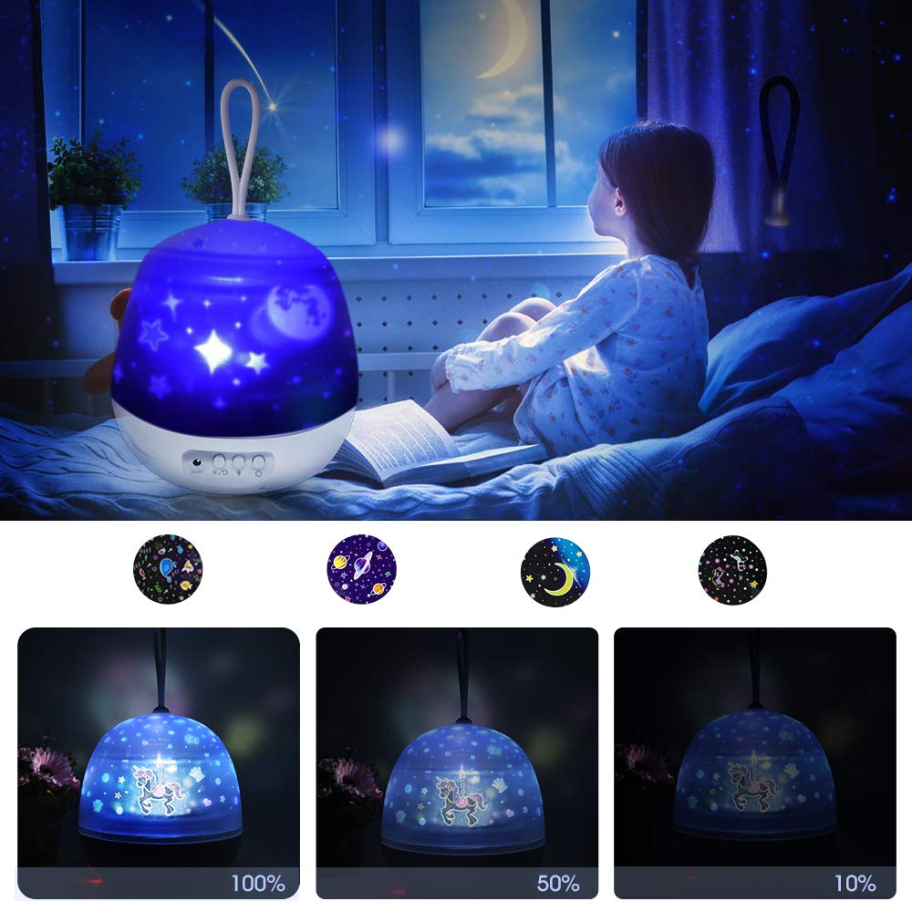 [NOVITÀ 2019] Lampada Proiettore di Stelle, 4 Set Projector Films 8 modalità di illuminazione Lampada per luci notturne a LED 360° Rotating, per Cameretta per bambini Decorazione