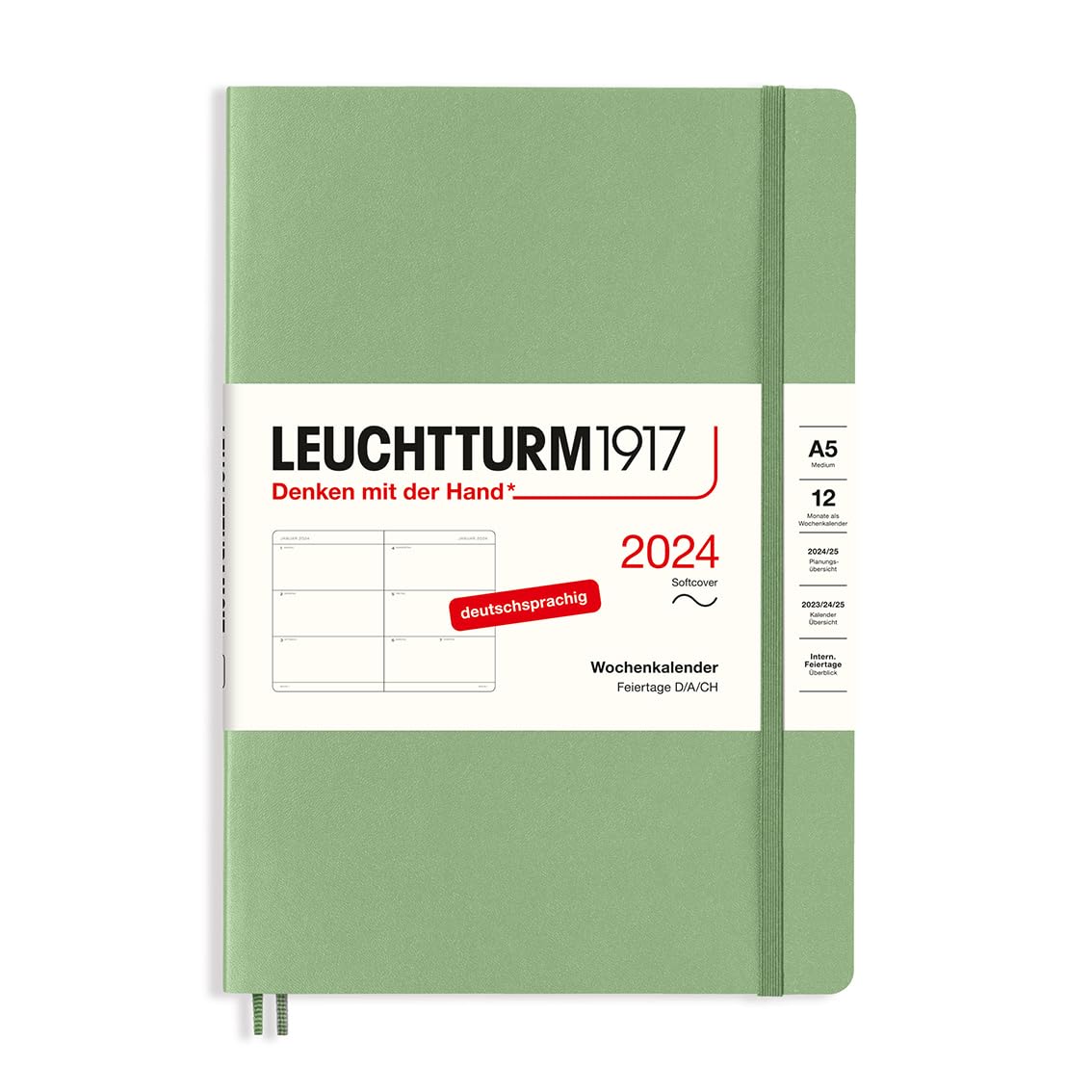 LEUCHTTURM1917 367661 Weekly Planner Medium (A5) 2024, Soft Cover, Sage, German, 12 Months