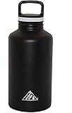 64 oz Stainless Steel Insulated Growler / Half Gallon Water Bottle - Vacuum Sealed Double Wall - Black - Wide Mouth with Caribiner Lid