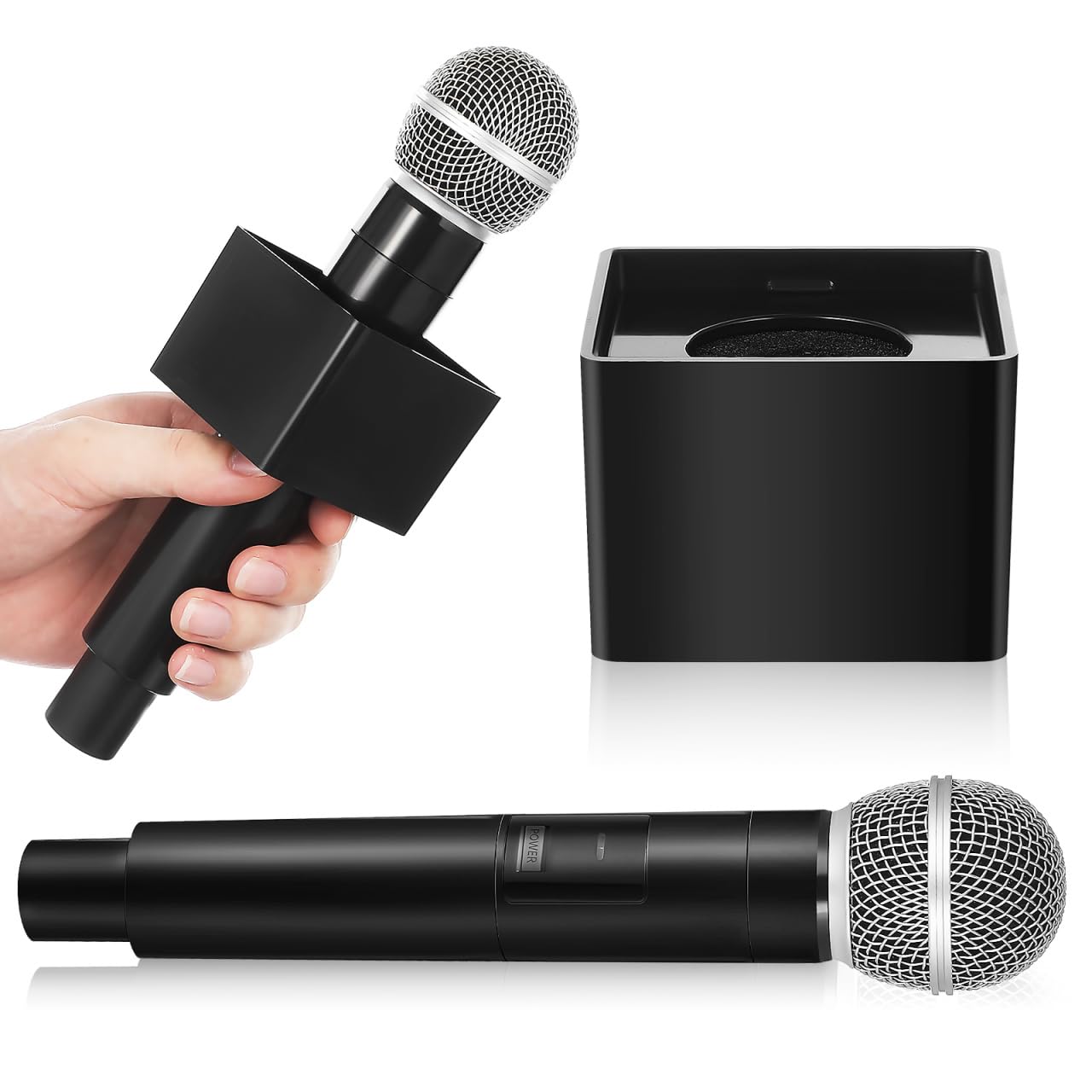 SUPVOX Simulation Microphone Toy for Kids - Realistic Plastic Prop Mic with Stable Square Base - Dummy Microphone for Fancy Dress, Stage Performances, Classroom Confidence & Karaoke Role Play - Black