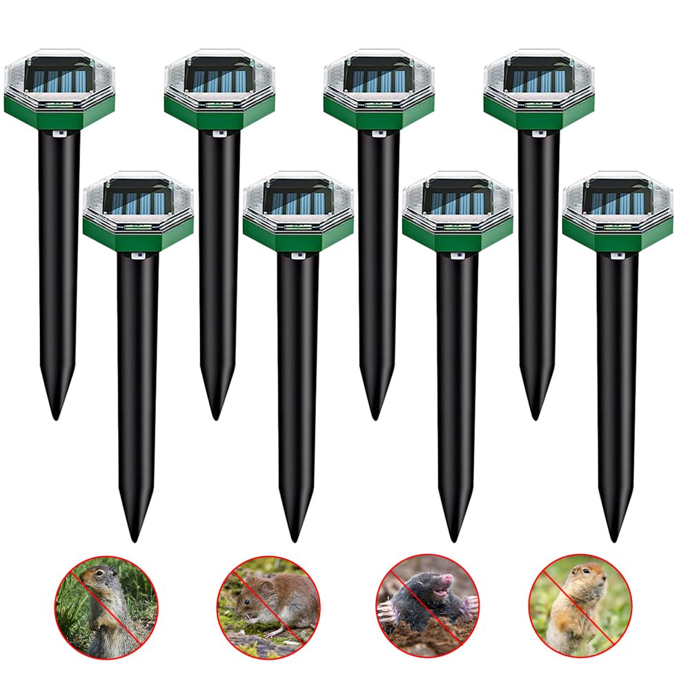 KBIBCK 8 Pack Solar Mole Repellent, Ultrasonic Mole Repellent Solar Powered, Solar Mole Repellent Ultrasonic, Sonic Mole Deterrent Devices, Get Rid of Moles Snakes Gophers Vole for Lawn, Yards, Garden