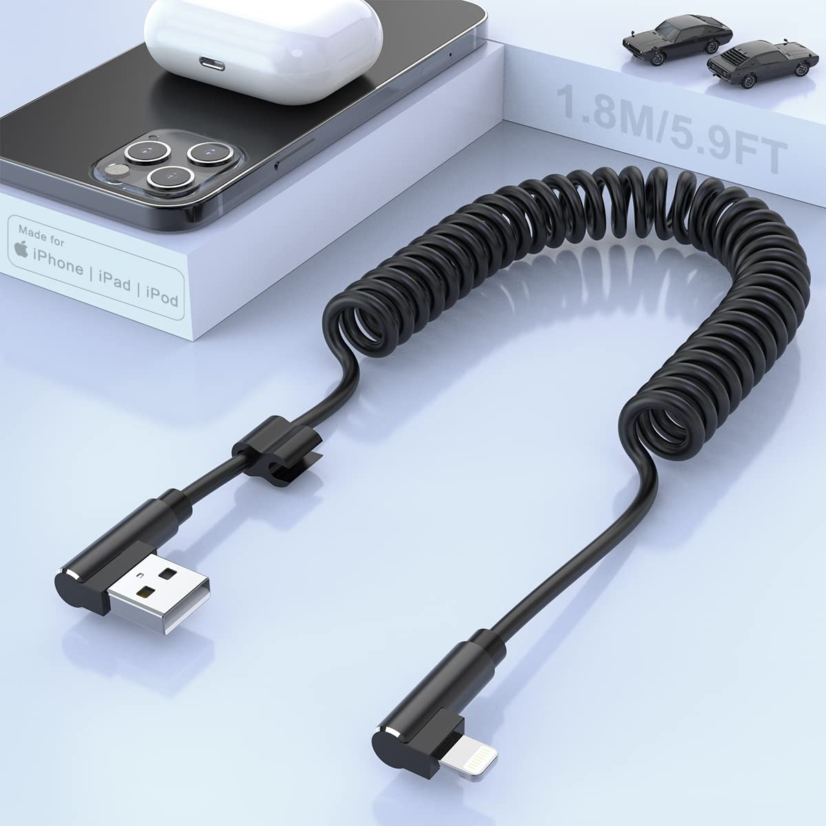 MTAKYI iPhone Spiral Charging Cable, 90 Degree Right Angle Apple Charging Cable [MFi Certified & Car Play Compatible] Data Transmission Coiled USB Cable, Suitable for iPhone 13/12/11/SE/Xs/Xr/8/7 Plus