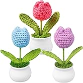 JOONOR 3Pcs Finished Hand Woven Woolen Yarn Tulip Flowers Crochet Padded Flowers Tulip Flower Knitted Crochet Flowers in Pot for Home Office Table Car Dash Decor,Blue+Rose red+Purple