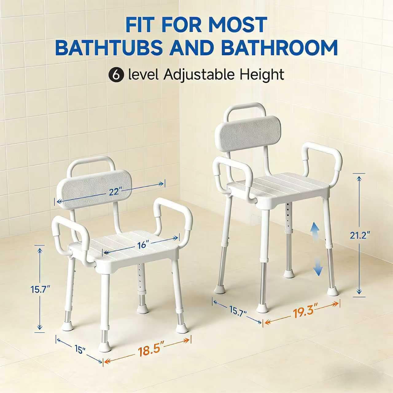 Condition photo showing New/Like New for okkicare shower chair for bathtub, adjustable height 15.7"–21.2" bath stool with removable backrest 