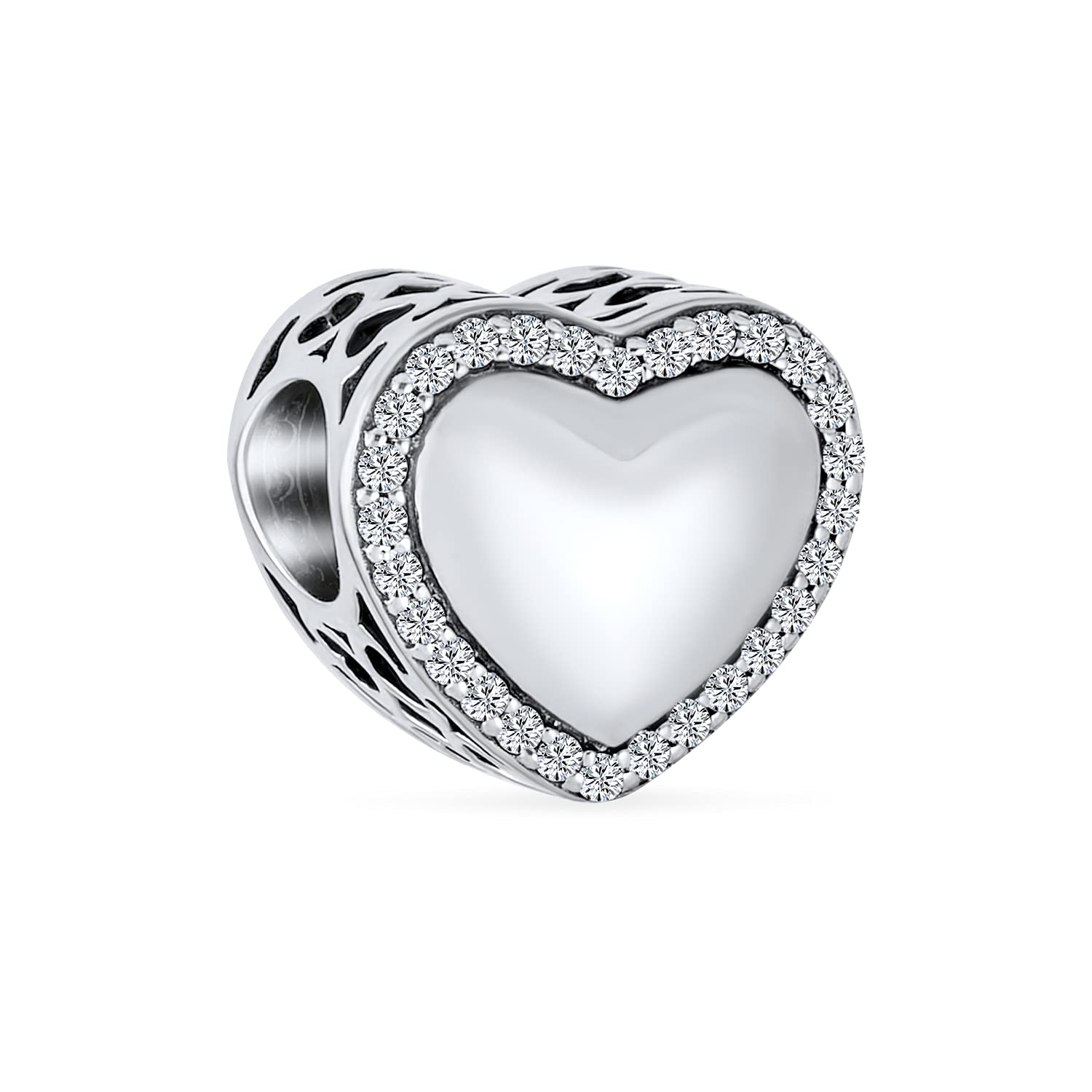 Bling Jewelry Valentine Personalized Monogram Letters Alphabet A-Z Initial Crystal Accent Edge Love Heart Shape Charm Bead For Women Teen Oxidized .925 Sterling Silver Fits European Bracelet