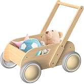 HOMEKOL Wooden Baby Push Walker, Natural Wood Color | Adjustable Height, with Rubber Wheels, for Boys and Girls, Gift for Birthday, Christmas and New Year