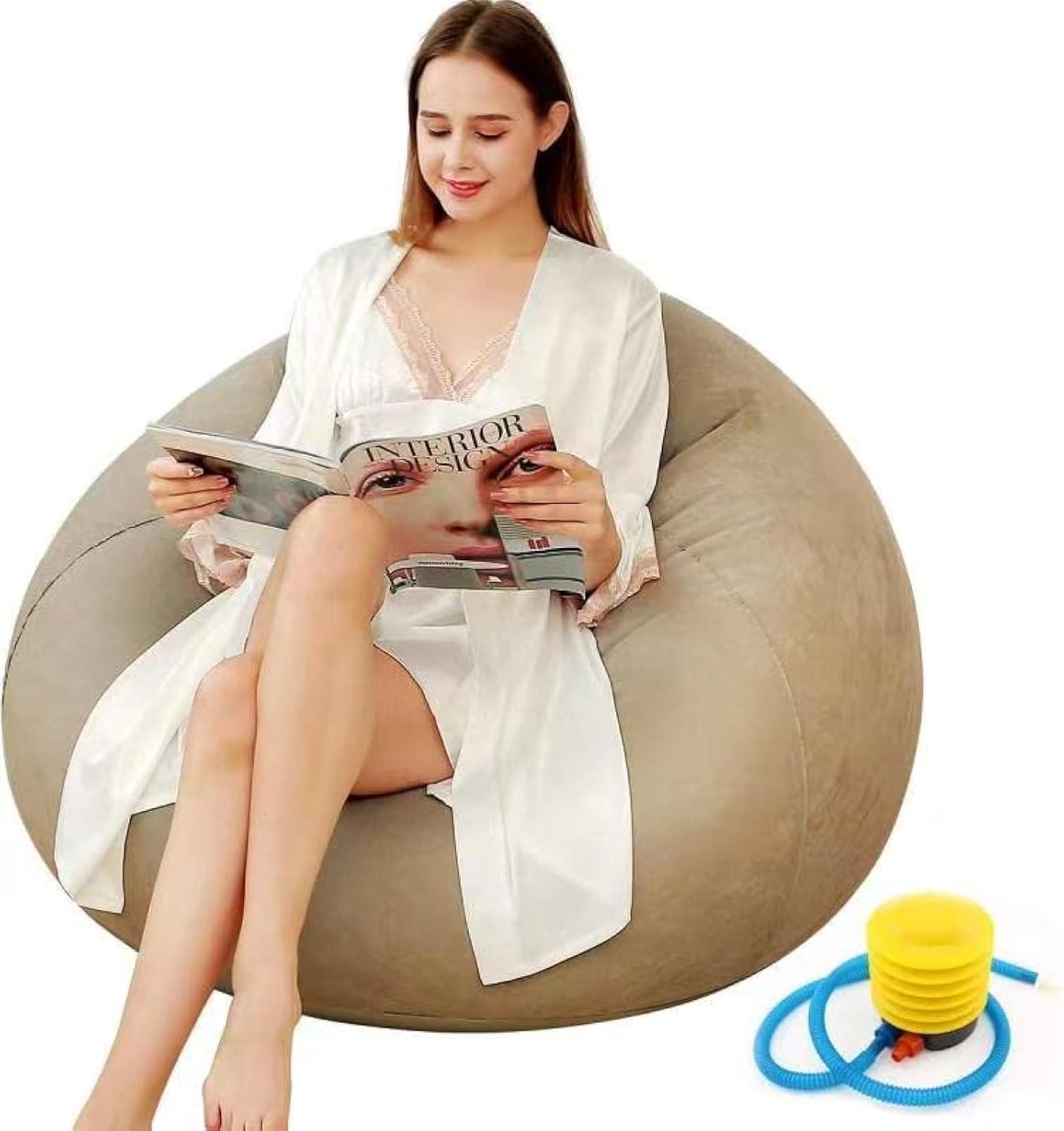 LONEEDY Inflatable Chair Sofa, Blow up Seat Gaming Lounger, Indoor Outdoor Camping Garden Stylish Soft Plush Fabric for Adults Kids Single (Spherical Khaki)