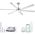 84" Industrial Brushed Nickel Ceiling Fans with Light and Remote,Smart fan work with Alexa,Large fan with 6 Double-Layer Aluminum Blades,Noiseless DC Motor Indoor Outdoor Ceiling Fan for Patio