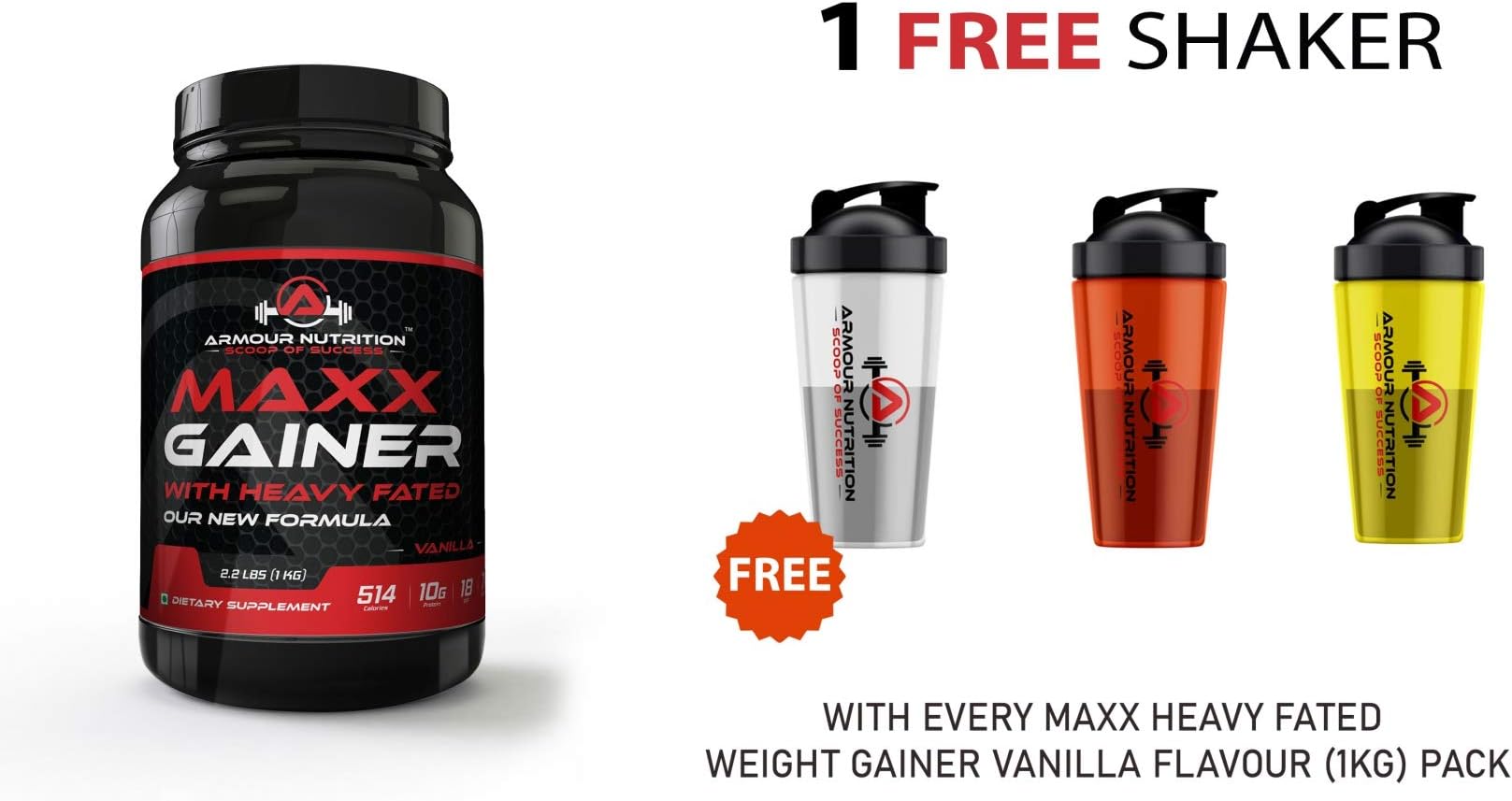 Armour Nutrition Maxx Heavy Fated Weight Gainer Protein Powder Vanilla Flavour 1Kg with free shaker