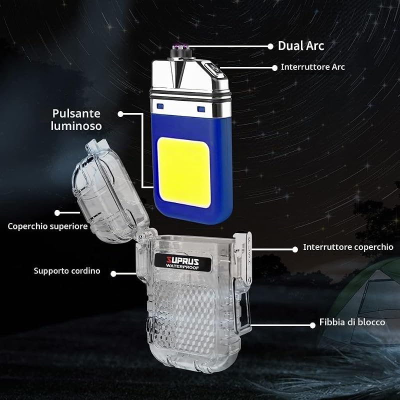 Accendino luminoso impermeabile, 3 modalità, torcia, antivento, doppio arco, accendino elettrico ricaricabile, accendino al plasma Dual Arc con fischietto di emergenza per la sopravvivenza e