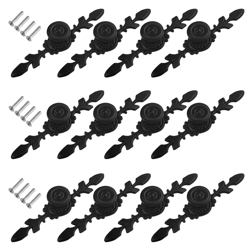 WMYCONGCONG 12Pcs 4.72" Kitchen Cabinet Drawer Knobs Vintage Black Drawer Pulls Door Knobs with Plate Antique Dresser Handles for Furniture Closet Wardrobe Furniture Door, Floral Pattern Black