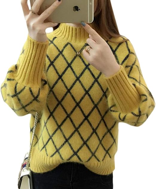 Amazon Yunhen ニット レディース チェック柄 セーター ハイネック 厚手 プルオーバー ボトルネック ファッション トップス 秋 冬 オシャレ カットソー 長袖 保温 ニットセーター セーター 通販
