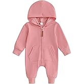 allshope Newborn Baby Boy Girl Fall Outfit Romper Long Sleeve Hooded Solid Zipper Jumpsuit Bodysuit Infant Clothes
