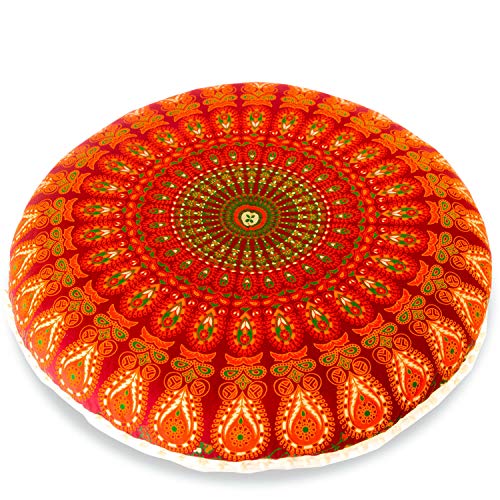 Mandala Life ART Bohemian Decor Floor Cushion Cover - 30 inches - Round Floor Pillow Pouf Case - Hand Printed Organic Cotton (Red Peacock)