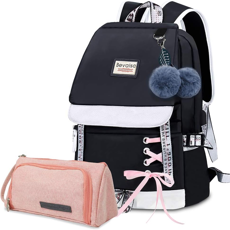 Bevalsa Schulrucksack mit Federmäppchen Schultaschen-Set für Mädchen Teenager Damen Schulranzen Modisch Rucksack Campus Laptop Backpack 20L Nylon Wasserdicht Daypack (Schwarz)