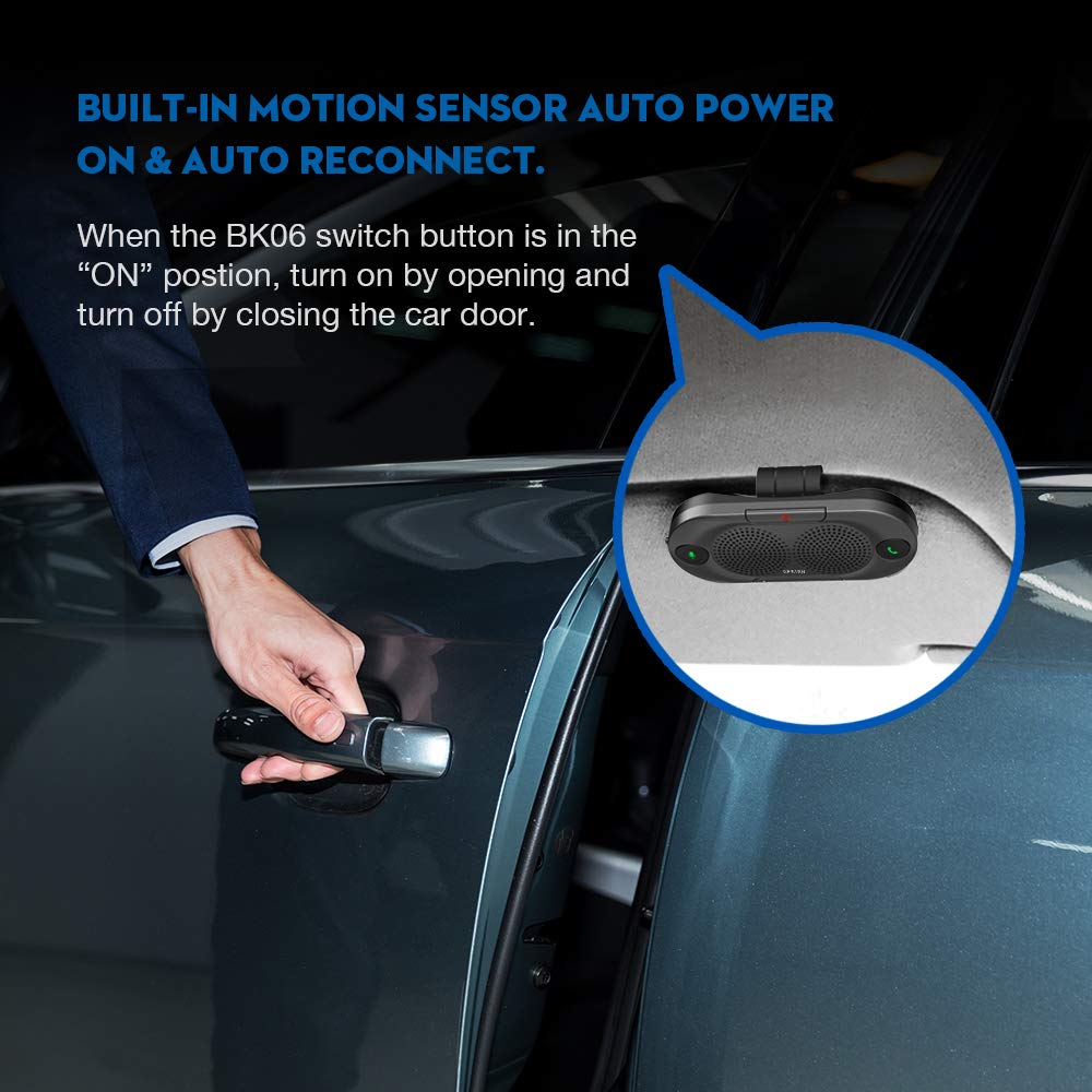 Besign BK06 Bluetooth 5.0 in Car Speakerphone with Visor Clip, Wireless Car Kit for Handsfree Talking, Motion Auto On, Siri Google Assistant Support, Dual 2W Speakers