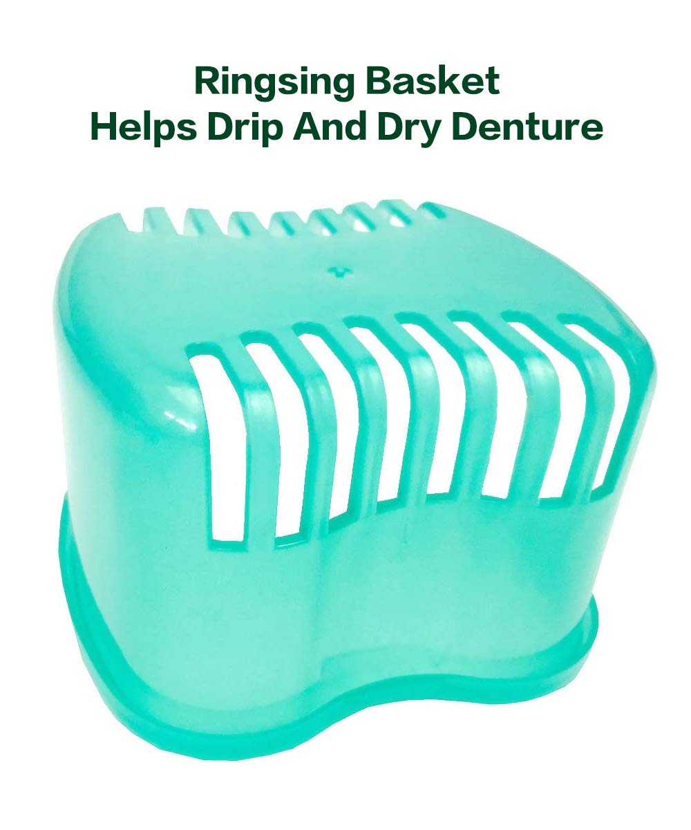 Denture Case, Denture Cups Bath, Toothbrush with hard denture and portable toothbrush box, Dentures Container with Basket Denture Holder for Travel (Green) : Beauty