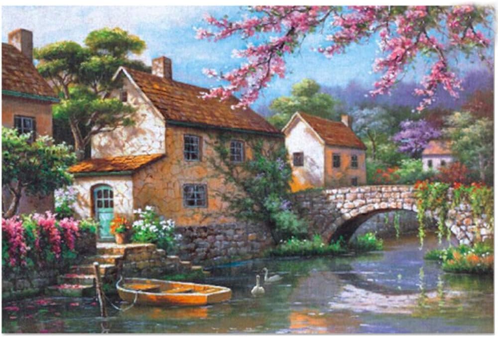 Jigsaw Puzzles for Adults 1000 Piece - Cottage in The Garden - Nature Jigsaw Puzzles - Scenic Puzzles Spring Creek Romantic Town Street Landscape Painting Wall Decor