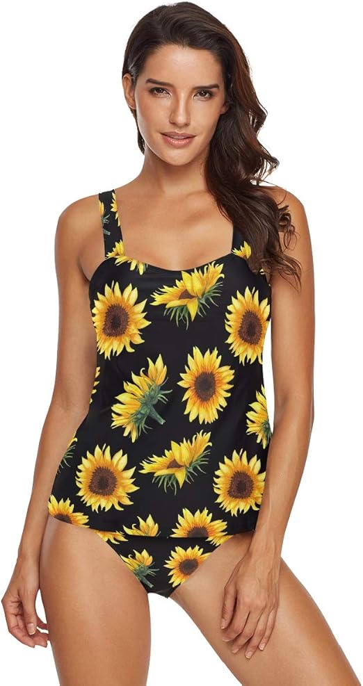 Traje de baño tankini para mujer, diseño de girasoles amarillos y negro