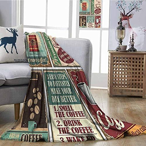 Microfiber All Season Blanket 1950s Decor Collection Coffee Posters and Metal Signs Artistic Design Bean Cup Tin Espresso Mug Cappuccino Logo Print Summer Quilt Comforter W51 xL60 Ivory Red