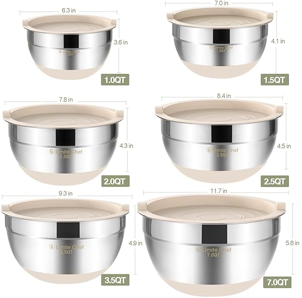 UMITE CHEF MIXING BOWLS WITH AIRTIGHT LIDS, 6 PIECE STAINLESS STEEL METAL NESTING STORAGE BOWLS, NON-SLIP BOTTOMS SIZE 7, 3.5, 2.5, 2.0,1.5, 1QT, GREAT FOR MIXING & SERVING (KHAKI)